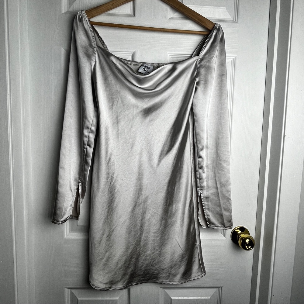 Princess Polly Silver Satin Cowl Neck Mini Dress Long Sleeve US 4
